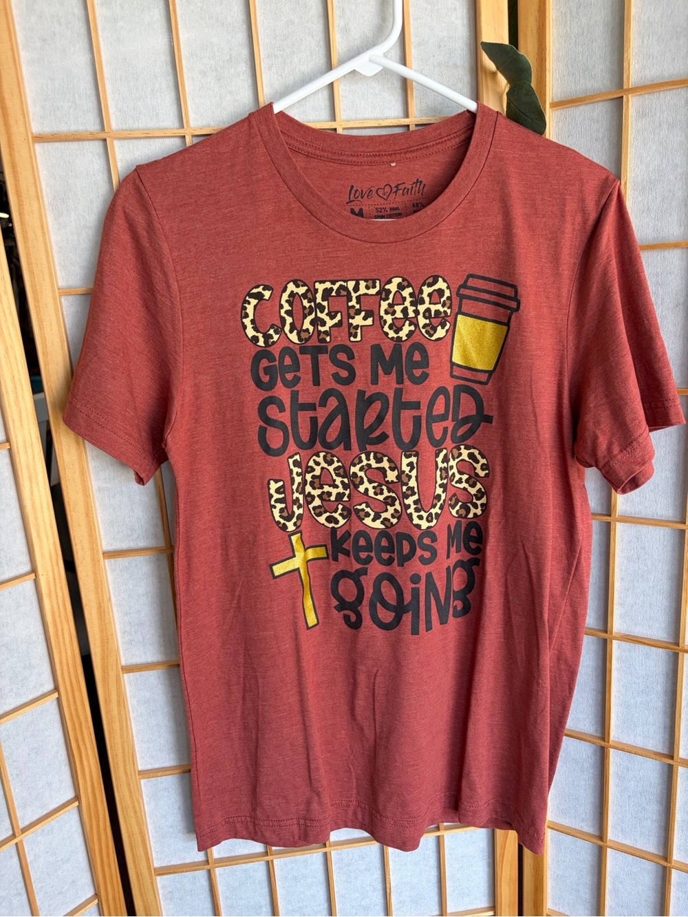 Rust Red Graphic Tee - "Coffee Gets Me Started"